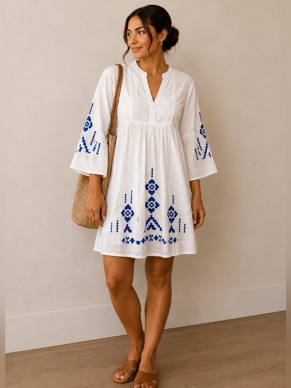 Piombo White Tunic with Cobalt Blue Embroidery